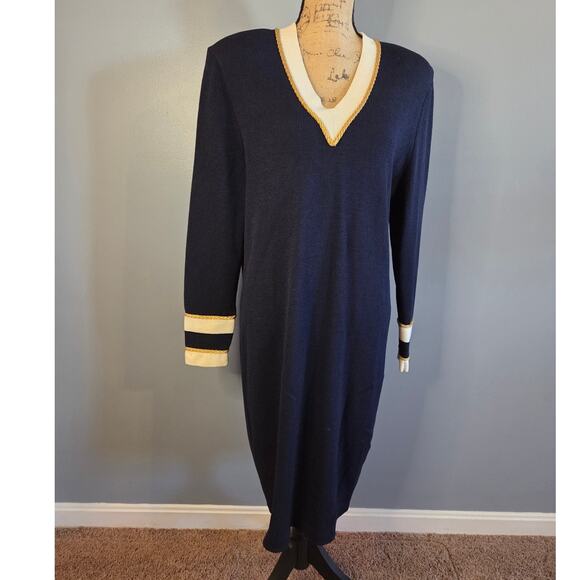 St John Marie Gray midi length dress nautical rope blue vneck long sleeves 12 - Picture 1 of 10